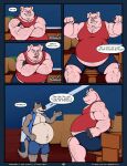 anthro arm_hair ashtray belly belly_hair big_bad_wolf big_belly black_nose blue_bottomwear blue_clothing blue_shorts blue_topwear blue_vest body_hair bottomwear box canid canine canis cardboard cardboard_box chest_hair cigar clothed clothed_anthro clothed_male clothing comic container dialogue domestic_pig duo ear_piercing english_text facial_hair fairy_tales fully_clothed fully_clothed_anthro fully_clothed_male furniture hairy hairy_body hairy_legs hairy_man hi_res huge_belly huttsergreywolf larger_male leg_hair long_snout male mammal musclegut muscular muscular_anthro muscular_arm muscular_arms muscular_male navel overweight overweight_anthro overweight_male piercing red_clothing red_shirt red_tank_top red_topwear shirt shorts shoulder_hair size_difference snout sofa speech_bubble suid suine sus_(pig) tall_male tank_top text the_three_little_pigs topwear vest wolf