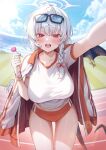  1girl :d ahoge arm_up blue_archive blue_sky blush bow bracelet braid breasts buruma candy cloud day eyewear_on_head food hair_bow halo haruna_(blue_archive) haruna_(track)_(blue_archive) highres holding holding_candy holding_food holding_lollipop jacket jacket_on_shoulders jewelry large_breasts lollipop looking_at_viewer official_alternate_costume outdoors red_buruma red_eyes running_track shirt single_wing sky smile solo thighs track_jacket white_hair white_halo white_shirt wings yampa 