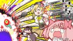  3girls akemi_homura akemi_homura_(magical_girl) anger_vein assault_rifle black_hair blonde_hair chainsaw charlotte_(madoka_magica) closed_eyes copyright_name crying drill_hair end_card fingernails gun hat hikawa_hekiru kaname_madoka kaname_madoka_(magical_girl) magical_girl magical_musket mahou_shoujo_madoka_magica mahou_shoujo_madoka_magica_(anime) multiple_girls no_mouth official_art pink_hair punching purple_eyes rifle smile soul_gem sword tomoe_mami tomoe_mami_(magical_girl) twin_drills twintails weapon witch_(madoka_magica) 