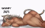 1girl 2025 animal_ears artist_name ass biceps breasts cat_ears cat_girl cat_tail completely_nude dark-skinned_female dark_skin english_commentary ghislaine_dedoldia grey_hair hair_between_eyes head_on_pillow highres kneepits large_breasts long_hair lying muscular muscular_female mushoku_tensei nude on_stomach parted_lips pillow pussy red_eyes scar scar_on_cheek scar_on_face simple_background sinpadart smile solo tail tail_ornament tail_ring thick_thighs thighs uncensored white_background 