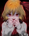  1girl ascot black_vest blonde_hair darkness hair_ribbon highres neon_(co2co8) open_mouth red_ascot red_eyes red_ribbon ribbon rumia short_hair skirt skirt_set smile solo tongue tongue_out touhou upper_body vest 