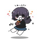  +++ 1girl black_shirt blue_skirt blush_stickers character_name colored_skin commentary_request dissolving fang food full_body heart highres holding holding_food long_hair looking_at_viewer low_ponytail motion_lines open_mouth original ponytail purple_eyes purple_hair roasted_sweet_potato sea_urchin shadow shirt simple_background skirt solo sparkle sweet_potato translation_request uni_souchou white_background white_skin 
