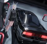  1girl absurdres ahoge animal_ears black_car black_jacket black_shoes black_shorts black_theme blue_eyes breasts car commentary full_body gas_station grey_hair highres honda honda_nsx horse_ears horse_girl horse_tail irv_v12 jacket long_hair looking_at_viewer medium_breasts motor_vehicle official_alternate_costume oguri_cap_(umamusume) outdoors shoes shorts sneakers solo symbol-only_commentary tail track_jacket umamusume very_long_hair 