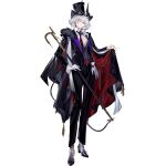  1girl arknights black_cape black_hat black_horns black_jacket black_nails black_pants black_suit blue_necktie buttons cane cape cape_lift chuzenji closed_mouth crownie_(arknights) demon_girl demon_horns double-breasted dress_pants dress_shirt formal_clothes full_body fur-trimmed_cape fur_trim gloves hat holding holding_cane horns horns_through_headwear jacket lapels light_smile long_hair looking_at_viewer material_growth multi-tied_hair necktie official_art oripathy_lesion_(arknights) pant_suit pants partially_open_shirt peaked_lapels pink_eyes red_cape red_necktie sash shirt simple_background single_unworn_glove solo spool standing suit suit_jacket tachi-e third-party_source transparent_background two-sided_cape two-sided_fabric two-tone_necktie vest waistcoat white_gloves white_hair white_sash white_shirt 