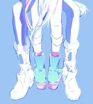  2girls between_legs blue_background blue_boots boots commentary horse_girl horse_tail invisible_chair korean_commentary leg_focus multiple_girls nooctadesu oguri_cap_(starlight_beat)_(umamusume) oguri_cap_(umamusume) pants red_socks simple_background sitting socks standing tail tamamo_cross_(umamusume) tamamo_cross_(with_lightning_speed)_(umamusume) umamusume white_boots white_pants yuri 