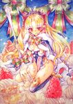  1girl blonde_hair breasts chikinan_tarou christmas cloak ereshkigal_(fate) fate/grand_order fate_(series) food fork fruit fur-trimmed_cloak fur_trim highres holding holding_fork leotard long_hair looking_at_viewer mini_person minigirl painting_(medium) red_eyes sitting small_breasts solo strawberry tiara traditional_media watercolor_(medium) whipped_cream 