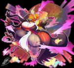 absurd_res anthro big_breasts breasts canid canine clothing delphine_(shieradevil) delphox digital_media_(artwork) fan_character female fur generation_6_pokemon generation_9_pokemon hair hi_res huge_breasts huge_filesize hyper inner_ear_fluff looking_at_viewer mammal mega_delphox mega_evolution muscular muscular_anthro muscular_female nintendo pokemon pokemon_(species) pokemon_legends_z-a red_body shaded shieradevil smile solo thick_thighs tuft white_body white_fur yellow_body yellow_fur