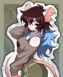 absurd_res anthro big_ears blue_hair bottomwear brown_hair buckteeth budoti butt clothed clothed_anthro clothed_female clothing female freckled_face freckled_shoulders freckles fully_clothed fully_clothed_anthro fully_clothed_female fur furgonomic_bottomwear furgonomics gradient_hair hair hairless_tail hi_res looking_at_viewer mammal mouse murid murine notched_ear pants purple_eyes rodent shoulderless_sweater solo sweatpants teeth white_body white_fur