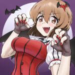  1girl absurdres bat_brooch bat_hair_ornament blunt_ends blush breasts brown_eyes brown_hair claw_pose dress fangs fingerless_gloves fingernails fishnet_gloves fishnets full_moon gloves hagiwara_yukiho hair_ornament heart heart-shaped_pupils highres idolmaster idolmaster_(classic) looking_at_viewer moon my_dear_vampire_(idolmaster) nail_polish nii_niip official_alternate_costume open_mouth puffy_short_sleeves puffy_sleeves red_dress red_nails short_hair short_sleeves solo swimsuit symbol-shaped_pupils upper_body vampire_costume 
