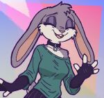 anthro arm_warmers armwear black_arm_warmers black_armwear black_bottomwear black_clothing black_skirt bottomwear breasts buckteeth choker clothed clothing collarbone eyes_closed eyeshadow female fingerless_gloves fur gesture gloves green_clothing green_topwear grey_body grey_fur half-length_portrait handwear ircluzar jewelry lagomorph leporid makeup mammal necklace open_mouth portrait rabbit simple_background skirt smile solo tail teeth topwear violet_bunny waving