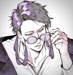  1boy 1ichi_1 adjusting_eyewear black_hair collared_shirt commentary_request corbeau_(pokemon) eyewear_strap fingernails glasses grey_background jacket long_sleeves male_focus parted_lips pokemon pokemon_legends:_z-a shirt short_hair simple_background solo upper_body 