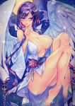  1girl bare_shoulders barefoot blush breasts chikinan_tarou fate/grand_order fate_(series) feathered_wings full_moon highres japanese_clothes kimono large_breasts long_hair marker_(medium) miss_crane_(fate) moon open_clothes open_kimono painting_(medium) purple_eyes purple_hair solo traditional_media watercolor_(medium) wings 