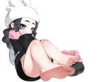  1girl ansha_(pokemon) barefoot black_coat black_hair blue_eyes braid braided_hair_rings closed_mouth coat commentary dokomon feet foot_focus full_body hair_rings hat highres panties panty_peek pink_shorts pokemon pokemon_legends:_z-a shoes shorts sitting soles solo toes underwear unworn_shoes white_background white_hat white_panties 