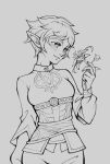  1girl blush breasts commentary english_commentary eyelashes flower greyscale highres holding holding_flower lineart monochrome official_alternate_hair_length official_alternate_hairstyle pointy_ears princess_zelda prototype_design rinkuu_art shirt short_hair simple_background smile solo the_legend_of_zelda the_legend_of_zelda:_tears_of_the_kingdom thick_eyebrows very_short_hair 