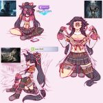  1girl animal_ears bandaged_leg bandages bike_shorts bike_shorts_under_skirt black_skirt black_thighhighs breasts cellphone cleavage coat commentary drachen_ivy english_commentary horse_ears horse_girl horse_tail long_hair meme meme_request miniskirt mood_(umamusume) mouth_hold multiple_views narita_brian_(maverick)_(umamusume) narita_brian_(umamusume) open_clothes open_coat open_mouth phone plaid_clothes plaid_skirt pleated_skirt profile reference_inset single_thighhigh sitting sitting_wolf_(meme) skirt smartphone stalk_in_mouth tail tearing_clothes thighhighs torn_clothes torn_coat umamusume very_long_hair white_coat 