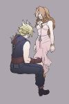  1boy 1girl aerith_gainsborough armor bangle bare_shoulders belt black_boots black_pants black_shirt blonde_hair boots bracelet breasts brown_belt brown_boots brown_gloves brown_hair buttons cleavage clothes_lift cloud_strife couple dress dress_lift final_fantasy final_fantasy_vii final_fantasy_vii_rebirth final_fantasy_vii_remake full_body gloves grey_background hand_on_another&#039;s_leg herzenreine hetero highres jewelry long_dress long_hair looking_at_another medium_breasts multiple_belts pants parted_bangs parted_lips pauldrons pink_dress shirt short_hair shoulder_armor sidelocks single_bare_shoulder single_pauldron sitting sleeveless sleeveless_dress sleeveless_turtleneck spiked_hair sundress suspenders turtleneck wavy_hair 
