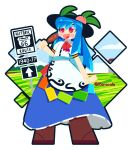  1girl :d black_hat blue_hair blue_skirt boots bow bowtie commentary corn_dog english_commentary food frilled_skirt frills full_body hat hat_ornament hinanawi_tenshi holding holding_food kerocolaa leaf_hat_ornament long_hair open_mouth peach_hat_ornament rainbow_gradient red_bow red_bowtie red_eyes road_sign route_66 shirt sign skirt smile standing touhou transparent_background twitter_username white_shirt 