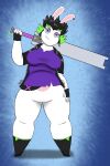 2022 4_fingers amethyst_(gem) anthro arms_bent big_breasts black_boots black_clothing black_footwear black_gloves black_hair black_handwear black_jacket black_topwear blue_background boots breasts clothed clothed_anthro clothed_female clothing colored crossover digital_drawing_(artwork) digital_media_(artwork) ear_piercing ear_ring edge_(mario_plus_rabbids) english_description eyebrows eyelashes featureless_crotch feet female female_anthro fingerless_gloves fingers footwear full-length_portrait fur gem gloves green_eyebrows green_hair hair hand_on_hip hand_on_own_hip handwear hi_res holding_melee_weapon holding_object holding_sword holding_weapon jacket lagomorph lidded_eyes light lighting long_ears looking_at_viewer mammal mario_bros mario_plus_rabbids_sparks_of_hope melee_weapon multicolored_hair nintendo noseless open_clothing open_jacket open_topwear pantsless_anthro pantsless_female piercing portrait psych0sketches purple_clothing purple_eyelids purple_shirt purple_topwear rabbid raving_rabbids rayman_(series) ring_piercing shaded shirt shoes short_hair simple_background small_feet smile smiling_at_viewer solo spiky_hair sword sword_on_shoulder tan_body tan_inner_ear tan_skin thick_thighs topwear torn_clothing torn_shirt torn_topwear two_tone_hair ubisoft weapon white_body white_fur