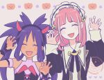  2girls black_dress claw_pose closed_eyes commentary_request dark-skinned_female dark_skin dress facing_viewer fake_horns fangs hair_ornament hairband hairclip highres horn_hairband horns iris_(fall_2022)_(pokemon) iris_(pokemon) jack-o&#039;-lantern lacey_(fall_2025)_(pokemon) lacey_(pokemon) long_hair long_sleeves maid maid_headdress multiple_girls official_alternate_costume open_mouth pink_hair pokemon pokemon_masters_ex purple_hair shinogo_no short_hair twintails upper_body 