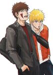  2boys :o bag black_jacket blonde_hair blue_eyes brown_hair casual commentary_request facial_mark facial_tattoo hand_in_pocket handbag highres hood hoodie inuzuka_kiba jacket jacket_over_hoodie leather leather_jacket male_focus multiple_boys naruto_(series) naruto_shippuuden notane_n open_mouth orange_jacket tattoo uzumaki_naruto whisker_markings white_hoodie 