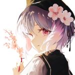  1girl beret black_hat black_ribbon branch cherry_blossoms closed_mouth commentary_request flower from_behind hair_between_eyes hair_flower hair_ornament hat holding holding_branch hosshi_(hosshi_1) looking_at_viewer looking_back mahou_shoujo_no_majo_saiban multicolored_hair pink_eyes ribbon sakuraba_ema short_hair smile solo upper_body white_background white_flower white_hair 