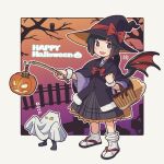  1girl :d animal_ears bag bare_tree black_hair black_hat black_jacket black_sandals bow brown_eyes brown_hair commentary_request fang fox_ears fox_girl fox_tail fur-trimmed_jacket fur_trim ghost_costume gradient_hair grey_skirt happy_halloween hat hat_bow holding jack-o&#039;-lantern jacket japanese_clothes kimono kitsune kukuri_(mawaru) long_sleeves looking_at_viewer mawaru_(mawaru) multicolored_hair original pleated_skirt purple_kimono red_bow red_wings sandals skirt smile socks standing tabi tail tree white_socks wide_sleeves wings zouri 