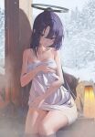  1girl absurdres bare_arms bare_shoulders blue_archive blue_eyes blush breasts chinese_commentary collarbone commentary covering_breasts covering_privates cowboy_shot day fingernails grey_hair hair_between_eyes halo hand_on_own_thigh hand_up high_ponytail highres lan001 lantern long_hair looking_at_viewer mechanical_halo medium_breasts naked_towel onsen outdoors parted_lips pillar ponytail purple_hair red_pupils rock shadow sitting snow snowing soaking_feet solo steam towel v-shaped_eyebrows very_long_hair water wet yuuka_(blue_archive) 