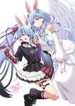  2girls :d absurdres animal_ear_fluff animal_ears bare_shoulders black_boots black_nails black_shirt black_skirt blue_hair blush boots bow braid breasts closed_mouth commentary_request dress feathered_wings fishnet_socks fishnets flower hair_bow hair_flower hair_ornament hair_over_shoulder hairclip hands_up highres holding_hands hololive interlocked_fingers kiritoma large_breasts layered_skirt long_sleeves looking_at_viewer mother_and_daughter multicolored_hair multiple_girls nail_polish pekomama pleated_skirt puffy_long_sleeves puffy_sleeves rabbit-shaped_pupils rabbit_ears rabbit_hair_ornament red_eyes rose shirt short_eyebrows short_sleeves simple_background single_braid skirt sleeveless sleeveless_dress sleeves_past_wrists smile socks streaked_hair striped_clothes striped_skirt symbol-shaped_pupils thick_eyebrows twintails usada_pekora usada_pekora_(11th_costume) virtual_youtuber white_background white_bow white_dress white_flower white_hair white_rose white_skirt white_sleeves white_wings wings x_hair_ornament 