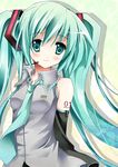  arms_behind_back bad_id bad_pixiv_id colorized detached_sleeves green_eyes green_hair hatsune_miku headset highres long_hair necktie purinko smile solo twintails very_long_hair vocaloid 