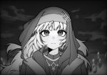  1girl arknights closed_mouth coat floating_hair frown greyscale highres limbus_company long_hair mayors_(project_moon) monochrome ocean outdoors project_moon sad sidelocks solo suillus upper_body veil water 