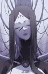  1girl absurdres astra_chichi black_hair closed_eyes colored_skin english_text facial_mark forehead_mark goddess_of_victory:_nikke highres long_hair long_neck nose_marking pale_skin rapture_queen_(nikke) robot solo upper_body very_long_hair white_skin wire 