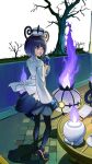  1girl :o bare_tree black_dress black_pantyhose black_shoes blue_gloves blunt_bangs bob_cut chandelure coat dress gloves gwynn_(pokemon) hat highres imageprogram_(kent) lamppost long_sleeves open_mouth pantyhose partially_fingerless_gloves pokemon pokemon_(creature) pokemon_legends:_z-a purple_eyes purple_hair shoes short_hair tree white_coat 