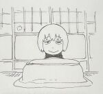  1girl black_eyes black_jacket closed_mouth highres ishiguro_masakazu jacket kotatsu living_room monochrome original pencil sketch sleepy solo table 