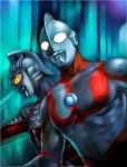  2boys alien arm_out_of_frame armor blue_gemstone blurry blurry_background breastplate collarbone color_timer colored_skin commentary compound_eyes dorsal_fin dutch_angle eye_slugger forehead_jewel gem giant giant_male glowing glowing_eyes highres in-franchise_crossover large_pectorals looking_ahead looking_at_viewer male_focus multicolored_skin multiple_boys muscular muscular_male outstretched_arm pectorals red_skin ribs shoulder_armor silver_skin solo_focus tokusatsu two-tone_skin ultra_series ultraman ultraman_(1st_series) ultraseven ultraseven_(series) upper_body white_eyes yellow_eyes yusao 