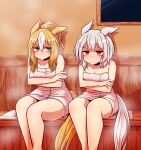  2girls alternate_hairstyle animal_ears blonde_hair braid braided_bun breasts cleavage clenched_teeth collarbone commentary crossed_arms curren_chan_(umamusume) durandal_(umamusume) ears_back furrowed_brow green_eyes grey_hair hair_bun highres horse_ears horse_girl horse_tail hot indoors long_hair multiple_girls naked_towel pink_eyes sanpaku sauna self_hug short_hair sidelocks sideways_glance sitting steam tail teeth towel umamusume white_hair yonedatomo_mizu 