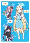  3girls :| angel&#039;s_24_uniform_(blue_archive) animal_ear_fluff animal_ears arms_behind_back black_hair blonde_hair blue_archive blue_background blue_eyes blue_halo blush breasts cat_ears cat_girl closed_mouth commentary_request demon_girl demon_horns forehead frown full_body green_eyes halo headscarf highres holding horns juri_(blue_archive) juri_(part-time)_(blue_archive) long_hair looking_at_viewer multiple_girls official_alternate_costume official_alternate_hairstyle parted_bangs pink_hair pink_halo red_eyes red_halo serika_(blue_archive) serika_(waitress)_(blue_archive) simple_background small_breasts smile sora_(blue_archive) standing straight_hair trait_connection twintails upper_body v-shaped_eyebrows very_long_hair white_headscarf yoru_nai 