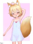 1girl ahoge animal_ear_fluff animal_ears armpits artist_name blonde_hair border collarbone commentary covered_navel cowboy_shot dress fang flat_chest fox_ears fox_girl fox_tail highres looking_at_viewer open_mouth orange_eyes original outside_border pepzi pink_background short_hair signature simple_background solo sundress tail white_border white_dress 
