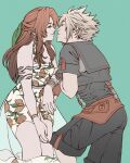  1boy 1girl aerith_gainsborough aerith_gainsborough_(citric_dress) armlet bare_shoulders belt black_romper black_sailor_collar black_shirt black_shorts blonde_hair blue_eyes bracelet breasts brown_belt brown_gloves brown_hair choker cloud_strife cloud_strife_(maritime_sailor) couple cowboy_shot crop_top dress earrings final_fantasy final_fantasy_vii final_fantasy_vii:_ever_crisis fingerless_gloves food-themed_earrings food_print fruit_print gloves green_background green_eyes green_ribbon hair_ribbon half_updo hand_on_another&#039;s_arm herzenreine hetero highres imminent_kiss jewelry layered_dress long_dress long_hair looking_at_viewer medium_breasts multicolored_nails multiple_bracelets multiple_rings nail_polish official_alternate_costume orange-shaped_earrings orange-shaped_ornament orange_nails orange_print parted_bangs ribbon ring romper sailor_collar see-through_clothes see-through_skirt shirt short_hair short_sleeves shorts sidelocks single_earring single_fingerless_glove skirt spiked_hair strapless strapless_dress suspenders two-tone_nails wristband 