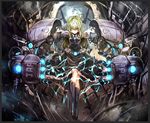  bad_id bad_pixiv_id banned_artist black_dress blonde_hair bow brooch dress frame glowing green_eyes highres jewelry kozou_(soumuden) long_hair looking_at_viewer mecha_musume mechanical_arms original power_suit smile solo sparks 