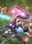  battle beam_rifle char&#039;s_counterattack commentary_request energy_beam energy_gun explosion glowing great_mechanics_g gundam highres machinery mecha mecha_focus mobile_suit morishita_naochika nebula nu_gundam nu_gundam_(rx-93ff) official_art promotional_art realistic robot science_fiction shield space star_(sky) v-fin weapon zero_gravity 