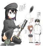  1boy 2girls admiral_(kancolle) akitsu_maru_(kancolle) akitsu_maru_kai_(kancolle) arms_behind_back black_hair black_jacket bob_cut brown_hair closed_mouth ebifly faceless firing grenade_discharger grey_eyes grey_sailor_collar grey_skirt hat ikazuchi_(kancolle) jacket kantai_collection knee_mortar long_sleeves medium_hair military military_uniform miniskirt mortar_(weapon) motion_blur multiple_girls necktie no_nose pale_skin pants parted_lips peaked_cap red_necktie sailor_collar school_uniform serafuku simple_background skirt thighhighs translated type_89_grenade_discharger white_background white_jacket white_pants you&#039;re_doing_it_wrong 