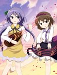  arlonn barefoot biwa_lute brown_eyes brown_hair hair_ornament hairband highres instrument low_twintails lute_(instrument) multiple_girls purple_eyes purple_hair siblings sisters sky touhou tsukumo_benben tsukumo_yatsuhashi twilight twintails 