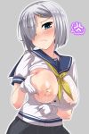  1girl absurdres angry blue_eyes breasts character_request frown gloves hair_ornament hair_over_one_eye hairclip highres kantai_collection lactation nipples one_breast_out school_uniform serafuku short_hair silver_hair solo sweat white_gloves yoshi_tama 