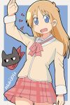  1girl :d aged_up animal black_cat black_eyes blonde_hair blue_background blue_eyes border cat commentary copyright_name cowboy_shot highres inset long_hair looking_at_viewer looking_to_the_side mi_(roki012) nichijou notice_lines professor_shinonome sakamoto_(nichijou) scarf school_uniform simple_background smile standing tokisadame_school_uniform waving white_border 