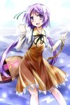  biwa_lute chain dress hair_ornament hemogurobin_a1c highres instrument long_hair lute_(instrument) musical_note open_mouth purple_eyes purple_hair smile solo touhou tsukumo_benben 