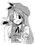  ;d braid dress_shirt greyscale hair_intakes hands hat heart hong_meiling knife knife_in_head knifed long_hair looking_at_viewer monochrome one_eye_closed open_mouth outstretched_hand satou_kibi shirt simple_background smile solo star touhou twin_braids upper_body white_background 