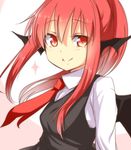  alternate_hairstyle bat_wings blush dress_shirt head_wings koakuma long_hair long_sleeves looking_at_viewer necktie ponytail red_eyes red_hair red_neckwear shirt smile solo tori_(minamopa) touhou upper_body vest wings 