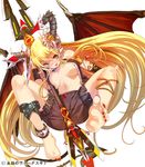  anklet bare_shoulders barefoot blonde_hair bloomers breasts copyright_name demon_girl demon_tail demon_wings eigou_no_venus_gear fang feet highres horns jewelry large_breasts long_hair nail_polish open_clothes pointy_ears soles tail toenail_polish toes underwear vambraces very_long_hair watermark weapon wings yamacchi yellow_eyes 