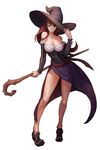 ;) bare_shoulders breasts cleavage closed_mouth dragon's_crown full_body hand_on_headwear hat imari large_breasts long_hair one_eye_closed red_eyes red_hair simple_background smile solo sorceress_(dragon's_crown) staff white_background witch_hat 
