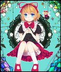  blonde_hair bloomers blue_eyes bow doily dress flower hachimitsu_ame_(phoenix) hair_bow hair_ribbon highres lily_of_the_valley mary_janes medicine_melancholy ribbon shoes short_hair skirt smile solo su-san touhou underwear wings 